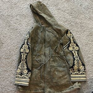 Free People Golden Quills Military Embellished Studded Hooded Parka Boho Jacket